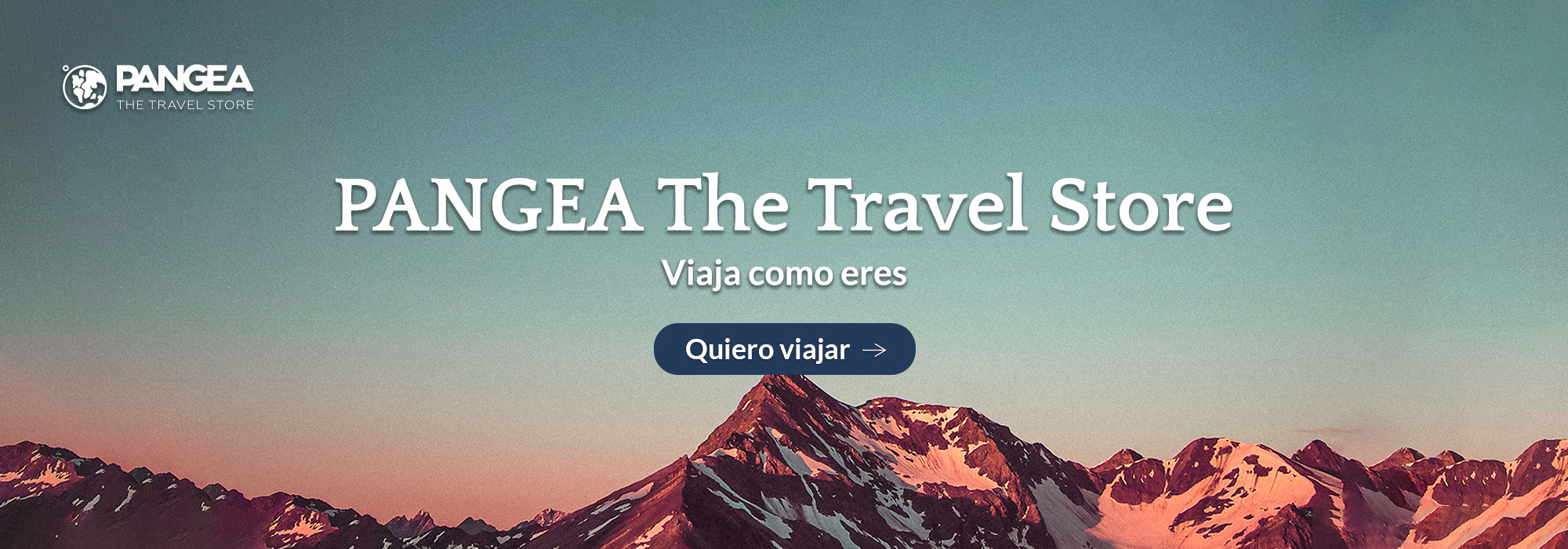 Vista de una montaña con un texto que dice: PANGEA The Travel Store Viaja como eres y un botón para pedir cita