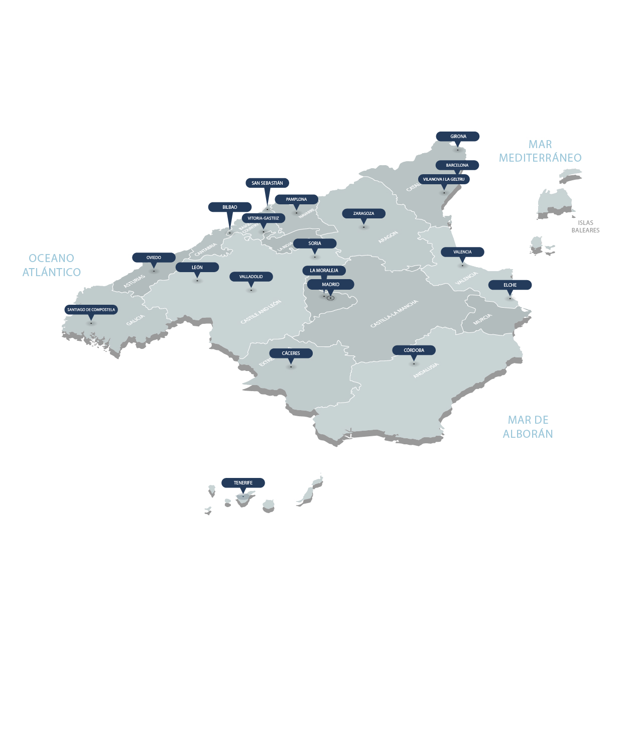 Imagen donde se ve un mapa de España con puntos marcando cada una de las las ciudades donde hay una tienda PANGEA